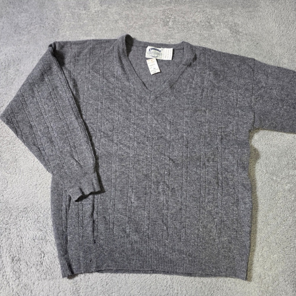 Cambridge Classics Mens L V-Neck Sweater Gray Cable Knit Long Sleeve Ribbed 3298